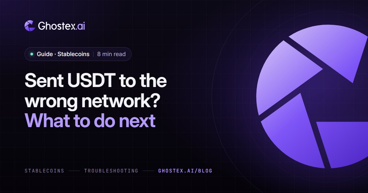Ghostex.ai guide cover: the title “Sent USDT to the wrong network? What to do next” on a dark violet card with the Ghostex.ai logo, topic Stablecoins, 8 min read